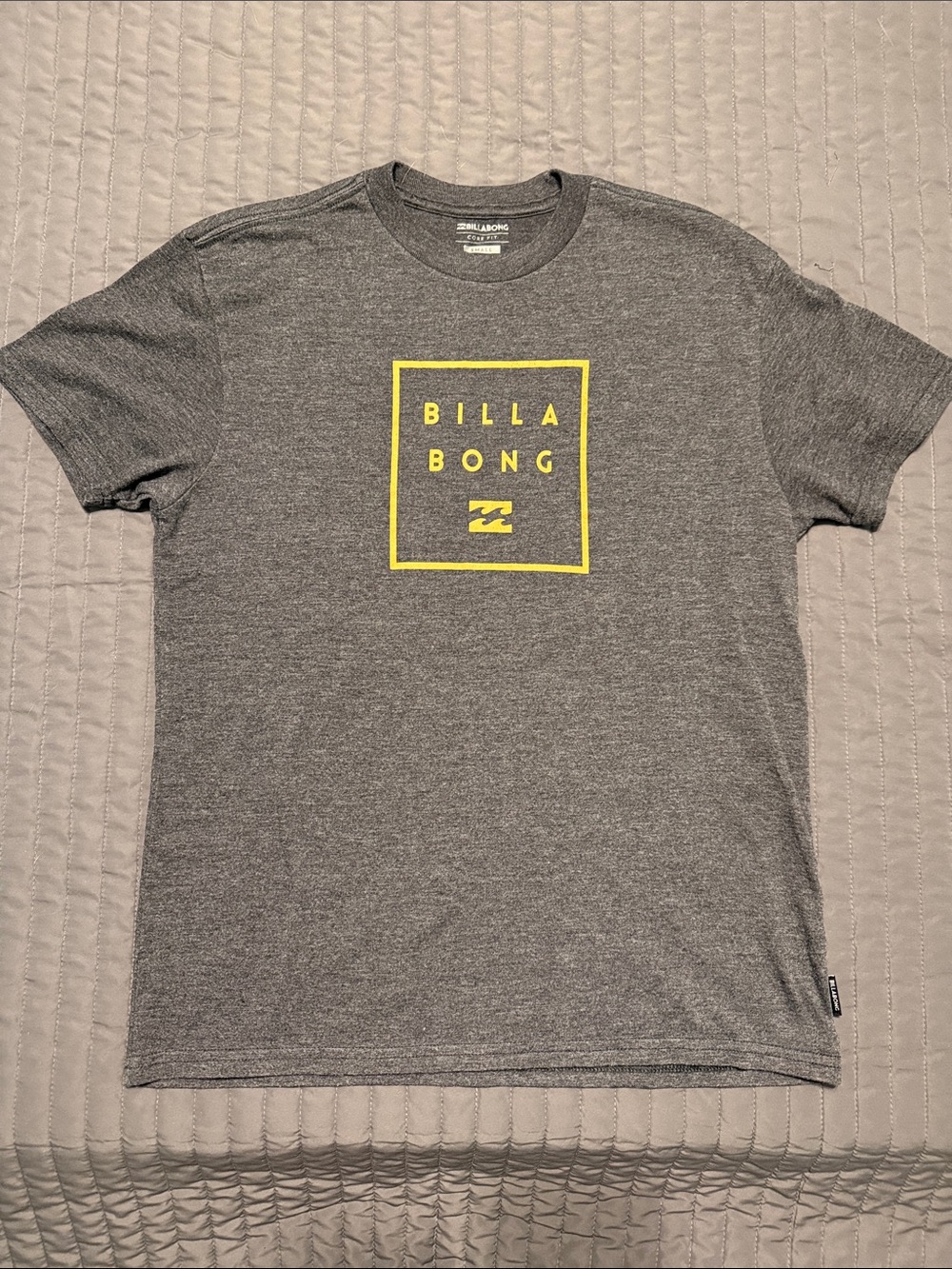 Billabong Gray Short Sleeve Tee with Yellow Logo Box